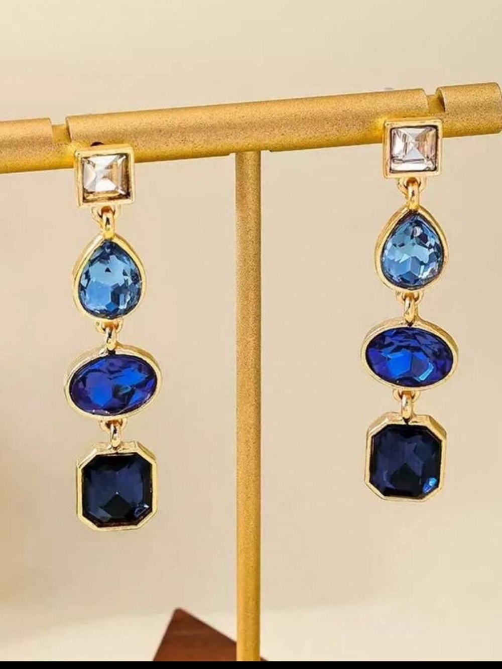 Gold-Plated Drop Earrings with Blue Crystal Trio